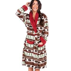 Lazy One Bear Fair Isle Fleece Robe Bathrobe Size L/XL Lodge Cozy